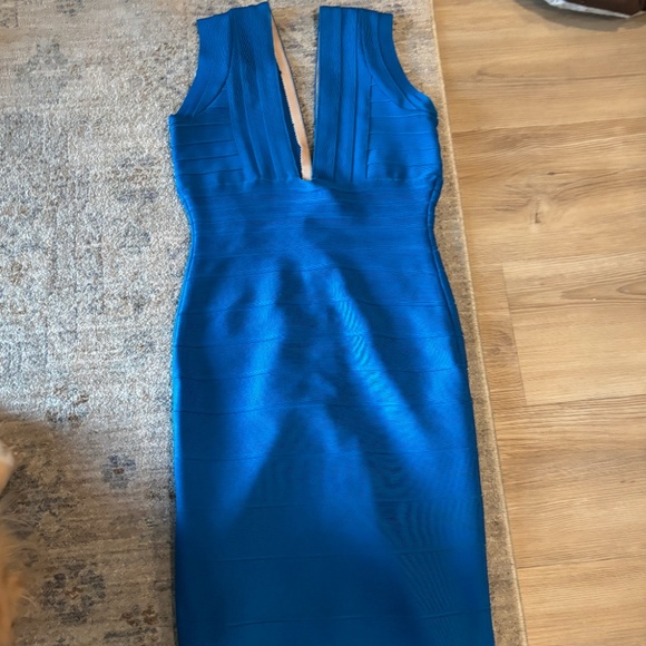 Herve Leger Bright Blue V Neck Dress - Picture 1 of 3